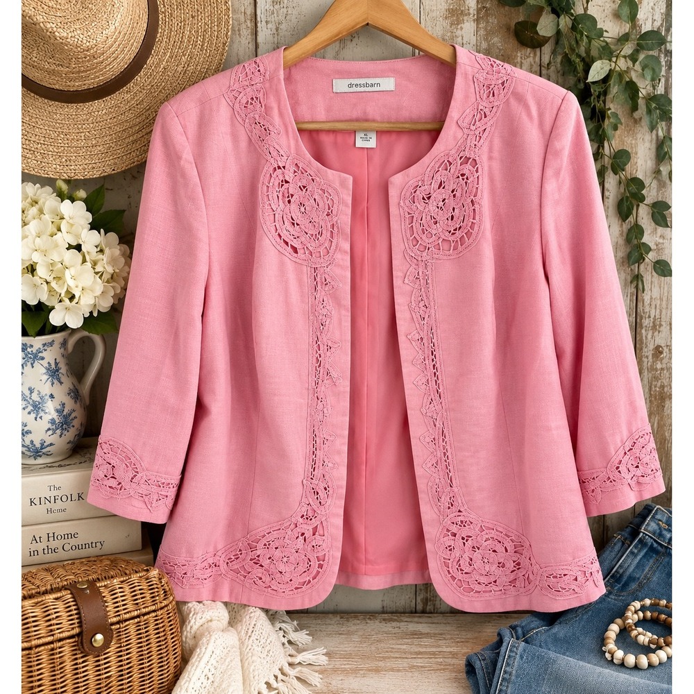 Dressbarn XL pastel Pink Crochet Lace Jacket blazer Cottagecore granny-core